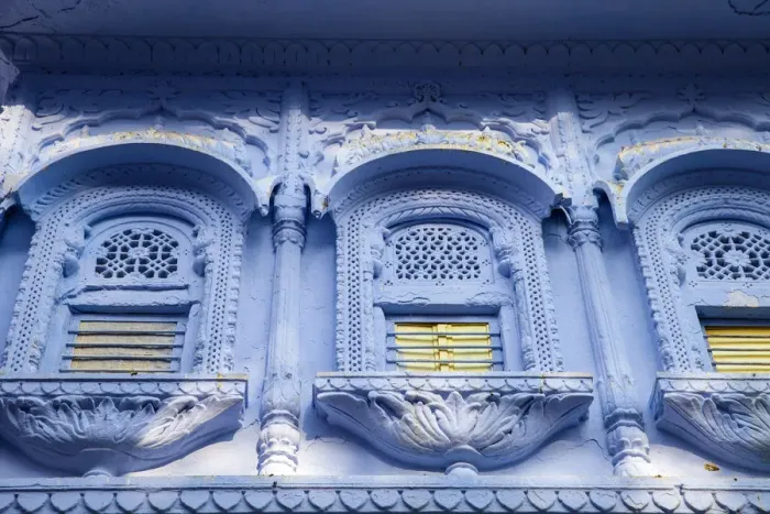Framed Print : India, Rajasthan, Pushkar, Ornate windows on blue house