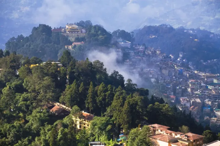 Framed Print : India, Sikkim, Gangtok, Royal Palace monastery and city Framed Print : India, Sikkim, Gangtok, Royal Palace monastery and city