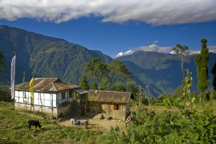 Framed Print : India, Sikkim, Khecheopalri Lake, House with Kanchenjunga range in background Framed Print : India, Sikkim, Khecheopalri Lake, House with Kanchenjunga range in background