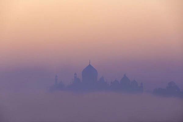 India, Taj Mahal silhouette at dawn on a foggy morning