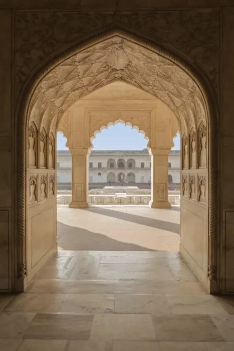 Framed Print : India, Uttar Pradesh, Agra, Agra Fort, view of the Anguri Bagh gardens from the interior