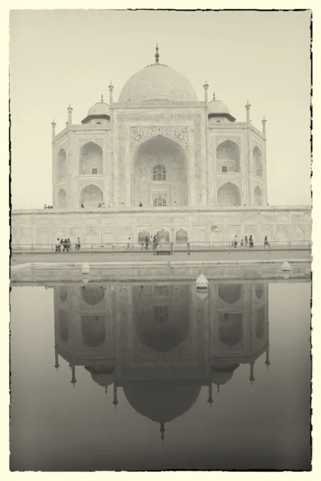 Framed Print : India, Uttar Pradesh, Agra, black and white of the Taj Mahal reflected in one of Framed Print : India, Uttar Pradesh, Agra, black and white of the Taj Mahal reflected in one of