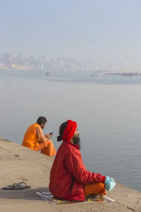 Framed Print : India, Uttar Pradesh, Varanasi, Holy men on banks of Ganges River Framed Print : India, Uttar Pradesh, Varanasi, Holy men on banks of Ganges River