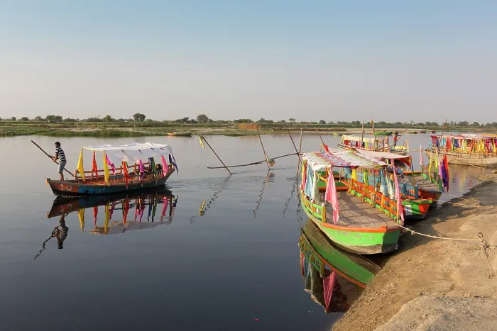 Framed Print : India, Uttar Pradesh, Vrindavan, Colourful boats on the Yamuna river Framed Print : India, Uttar Pradesh, Vrindavan, Colourful boats on the Yamuna river