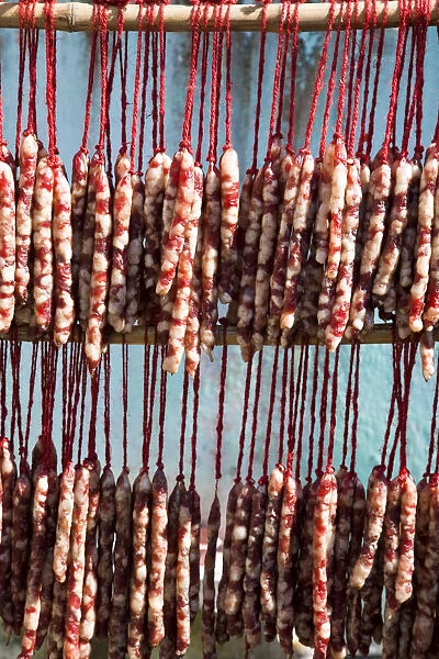 India, West Bengal, Kalimpong, Home-made sausages hanging to dry