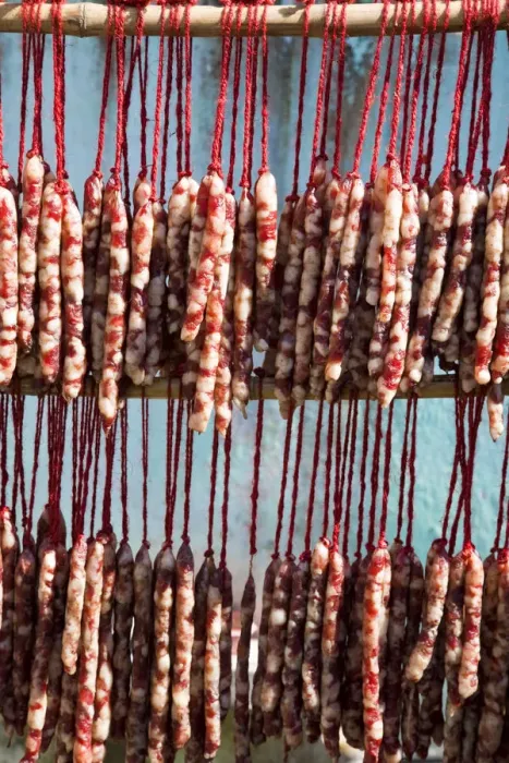 Framed Print : India, West Bengal, Kalimpong, Home-made sausages hanging to dry Framed Print : India, West Bengal, Kalimpong, Home-made sausages hanging to dry
