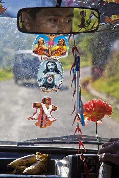 India, West Bengal, Kalimpong, Looking through windscreen of taxi