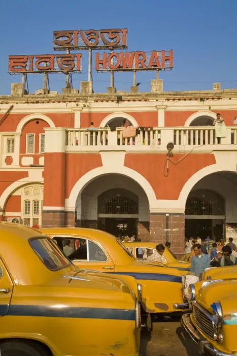 Framed Print : India, West Bengal, Kolkata, Calcutta, Yellow ambassador taxis outside Howrah train