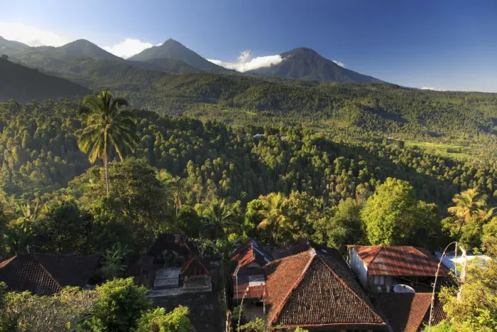 Framed Print : Indonesia, Bali, Central Mountains, Munduk, Mundu Town and mountain landscape seen