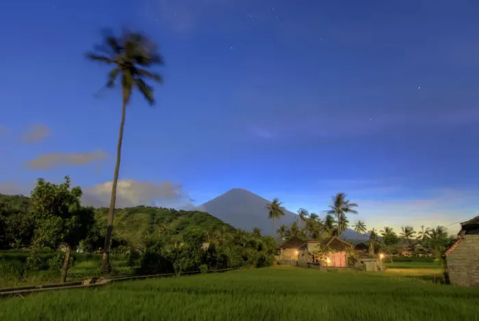 Framed Print : Indonesia, Bali, East Bali, Amed, Rice fields and Gunung Agung Volcano under the moonlight Framed Print : Indonesia, Bali, East Bali, Amed, Rice fields and Gunung Agung Volcano under the moonlight