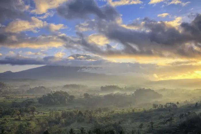 Framed Print : Indonesia, Bali, Forest Landscape and Gunung Agung Volcano Framed Print : Indonesia, Bali, Forest Landscape and Gunung Agung Volcano