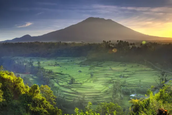 Framed Print : Indonesia, Bali, Redang, View of Rice Terraces and Gunung Agung Volcano Framed Print : Indonesia, Bali, Redang, View of Rice Terraces and Gunung Agung Volcano