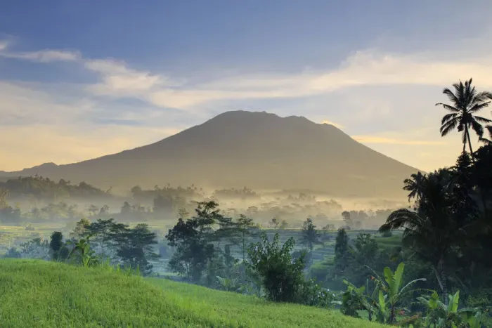 Framed Print : Indonesia, Bali, Sidemen Valley, Iseh, Rice Fields and Gunung Agung Volcano