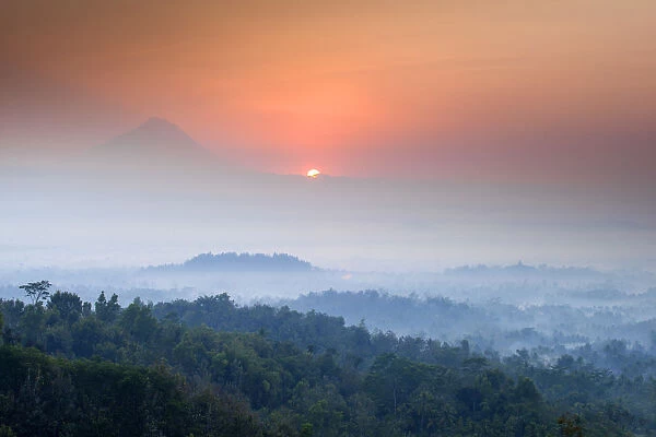 Indonesia, Java, Magelang, Merapi Volcano and Borobudur Temple at surise