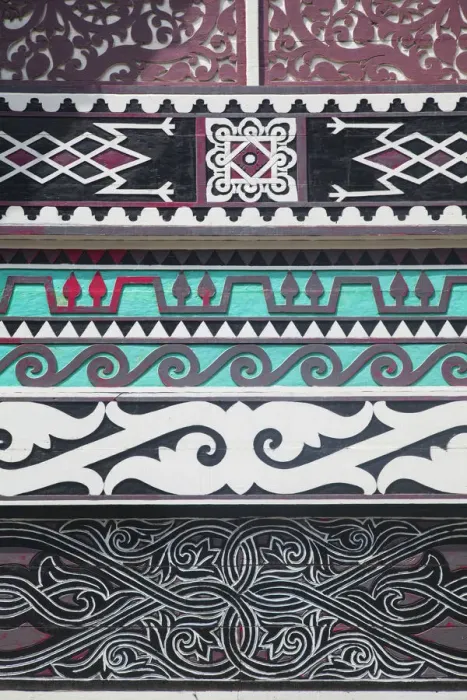Framed Print : Indonesia, Sumatra, Medan, Batak woodcarvings on building Framed Print : Indonesia, Sumatra, Medan, Batak woodcarvings on building