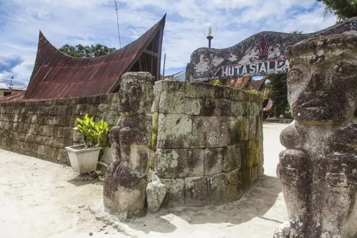 Framed Print : Indonesia, Sumatra, Samosir Island, Lake Toba, Ambarita, Stone statues at Entrance Framed Print : Indonesia, Sumatra, Samosir Island, Lake Toba, Ambarita, Stone statues at Entrance
