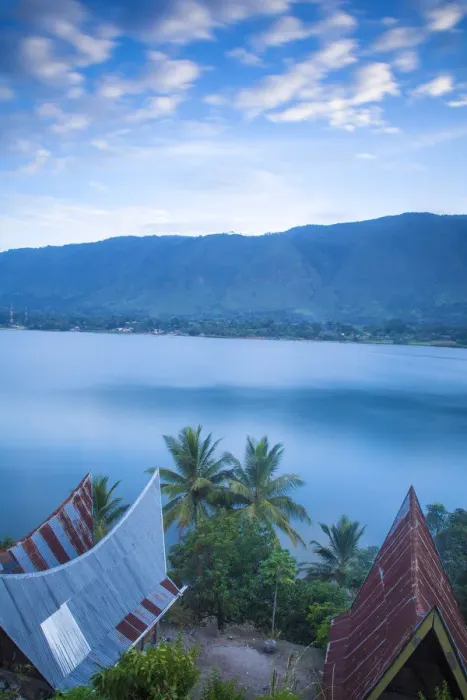 Framed Print : Indonesia, Sumatra, Samosir Island, Tuk Tuk, Typical Batak houses overlooking Lake Toba Framed Print : Indonesia, Sumatra, Samosir Island, Tuk Tuk, Typical Batak houses overlooking Lake Toba