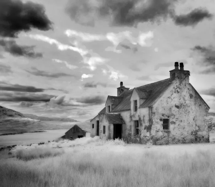 Framed Print : Infrared image of a derelict farmhouse near Arivruach, Isle of Lewis, Hebrides, Scotland