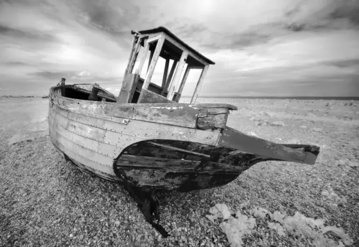 Framed Print : Infrared image of the old fishing boat, Dungeness, Kent, UK Framed Print : Infrared image of the old fishing boat, Dungeness, Kent, UK