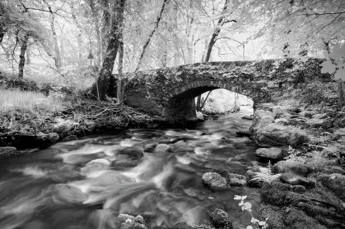 Framed Print : Infrared view of Buckland Bridge and the River Webburn, near Buckland-in-the-Moor, Dartmoor National Park, Devon, England Framed Print : Infrared view of Buckland Bridge and the River Webburn, near Buckland-in-the-Moor, Dartmoor National Park, Devon, England