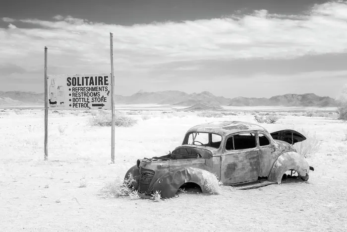 Framed Print : Infrared view of the shell of an old car at the remote settlement of Solitaire, Khomas Region, Namibia Framed Print : Infrared view of the shell of an old car at the remote settlement of Solitaire, Khomas Region, Namibia