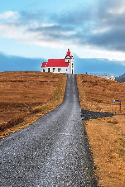 Ingjaldsholl church and the road in the front, Snaefellsnes Peninsula, Vesturland, West Iceland, Iceland