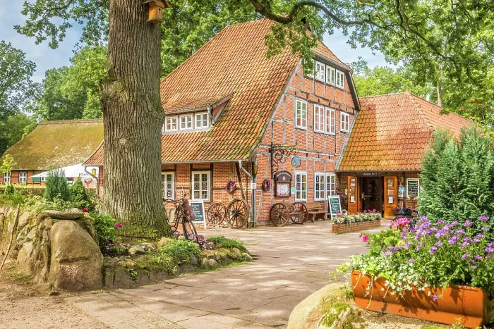 Framed Print : Inn in traditional half-timbered house in the village of Wilsede, Luneburg Heath, Lower Saxony, Germany Framed Print : Inn in traditional half-timbered house in the village of Wilsede, Luneburg Heath, Lower Saxony, Germany