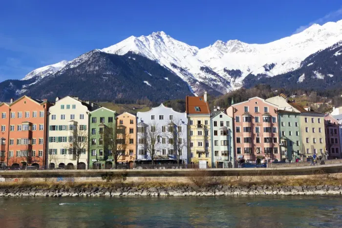Framed Print : Innsbruck, Tirol, Austria, colourful houses and Alps Mountains in background Framed Print : Innsbruck, Tirol, Austria, colourful houses and Alps Mountains in background