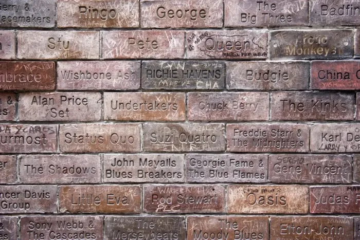 Framed Print : Inscriptions of musicians and bands. Mathew Street, Liverpool, England, UK