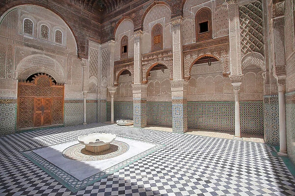 Interior of the 'Al-Attarine' madrasa in the medina of Fez, Morocco. The medina of Fes was declared UNESCO World Heritage Site in 1981