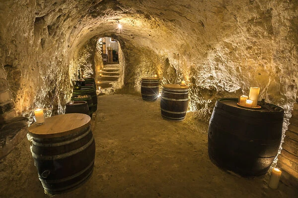 Interior of illuminated old wine cellar in Vrbice, Breclav District, South Moravian Region, Moravia, Czech Republic
