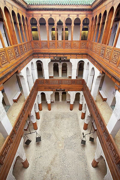 Interior of the Nejjarine Museum of Wooden Arts & Crafts, Fez, Morocco. The medina of Fes was declared UNESCO World Heritage Site in 1981