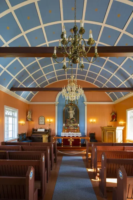 Framed Print : Interior of Strandarkirkja church with pews and chandeliers, Selvogur, Reykjanes Peninsula, Iceland
