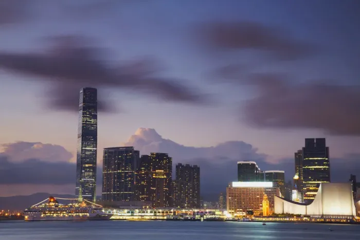 Framed Print : International Commerce Center (ICC) and Tsim Sha Tsui at dusk, Kowloon, Hong Kong, China