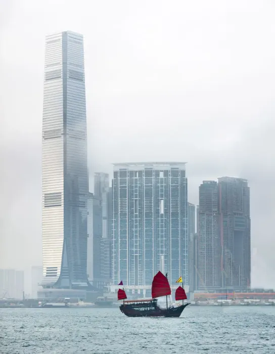 Framed Print : International Commerce Centre and Chinese junk boat in West-Kowloon, Hong Kong, China Framed Print : International Commerce Centre and Chinese junk boat in West-Kowloon, Hong Kong, China