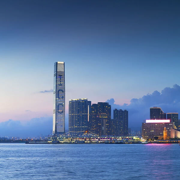 International Commerce Centre (ICC) and West Kowloon skyline at dusk, Hong Kong, China