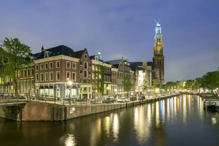 Framed Print : Intersection of Prinsengracht and Leidsegracht canals and tower of Westerkerk church Framed Print : Intersection of Prinsengracht and Leidsegracht canals and tower of Westerkerk church
