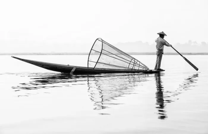 Framed Print : An Intha fisherman on Inle Lake, Burma  /  Myanmar