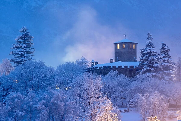Introd Castle with snow, aosta valley, italy
