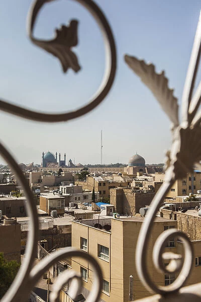 Iran, Central Iran, Esfahan, elevated view of central city towards Royal Mosque