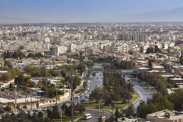 Iran, Central Iran, Shiraz, elevated city skyline from the north