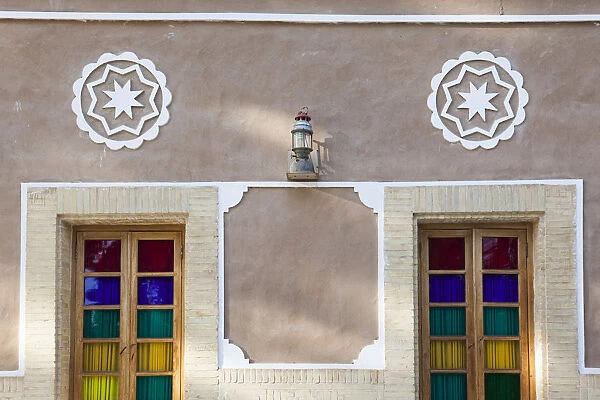 Iran, Central Iran, Yazd, stained glass traditional building details