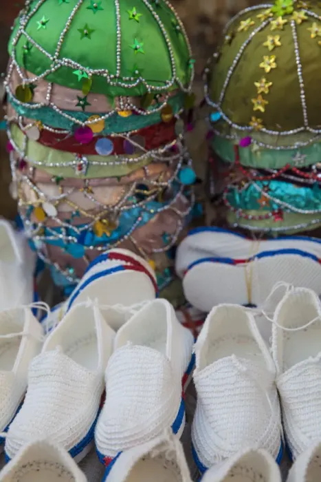 Framed Print : Iraq, Kurdistan, Erbil, Hats and Shoes at Qaysari Bazaar