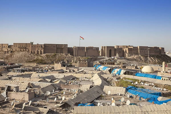 Iraq, Kurdistan, Erbil, Looking across the rooftops of Qaysari Bazaars to The Citadel