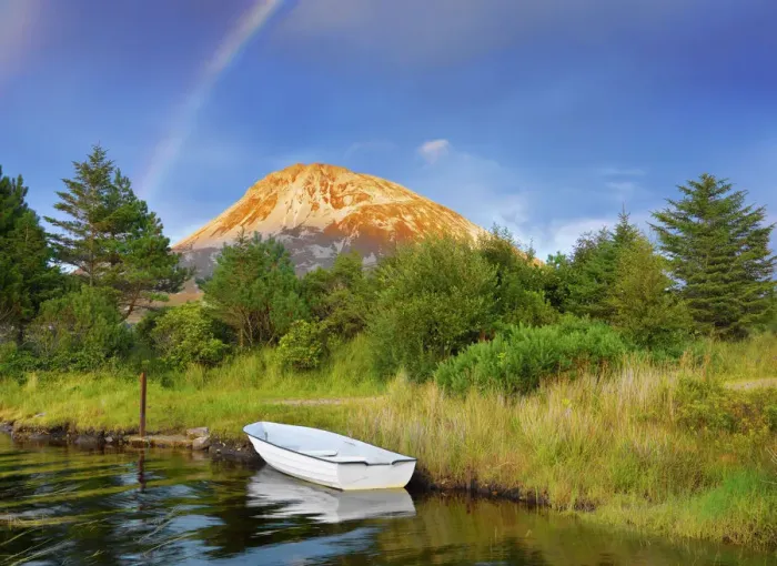 Framed Print : Ireland, Co. Donegal, Boat in lake infront of Mount Errigal with rainbow Framed Print : Ireland, Co. Donegal, Boat in lake infront of Mount Errigal with rainbow