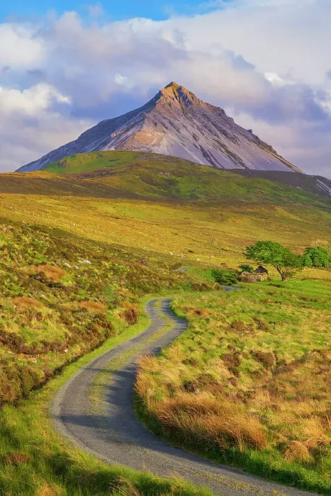Framed Print : Ireland, Co. Donegal, Errigal mountain, Country road through landscape Framed Print : Ireland, Co. Donegal, Errigal mountain, Country road through landscape