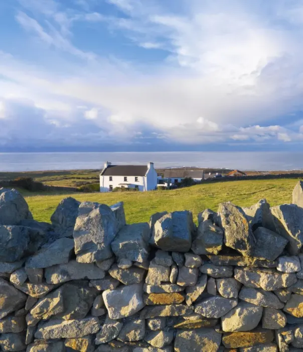 Framed Print : Ireland, Co. Donegal, Fanad, House and stone wall