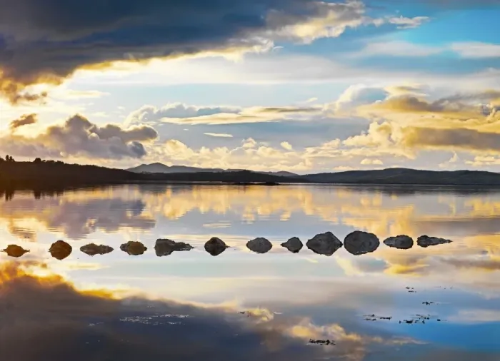 Framed Print : Ireland, Co. Donegal, Mulroy bay, Stepping stones at dusk Framed Print : Ireland, Co. Donegal, Mulroy bay, Stepping stones at dusk