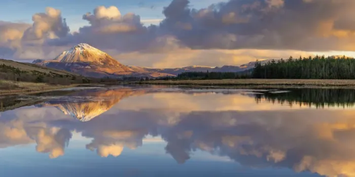 Framed Print : Ireland, Co. Donegal, Snow capped Errigal mountain reflected in Clady river at dusk Framed Print : Ireland, Co. Donegal, Snow capped Errigal mountain reflected in Clady river at dusk