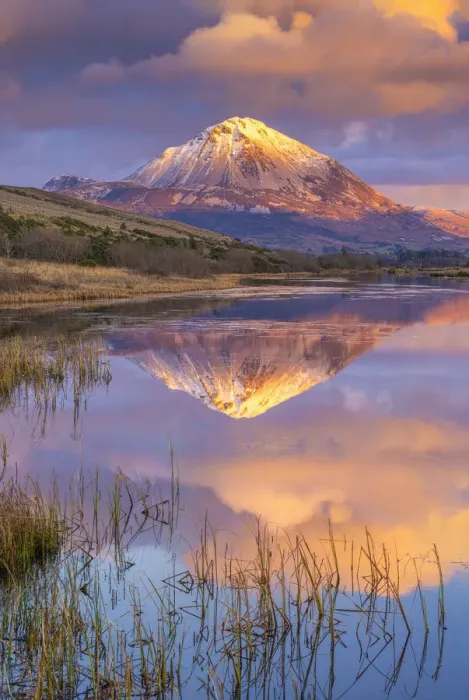 Framed Print : Ireland, Co. Donegal, Snow capped Errigal mountain reflected in Clady river at dusk Framed Print : Ireland, Co. Donegal, Snow capped Errigal mountain reflected in Clady river at dusk